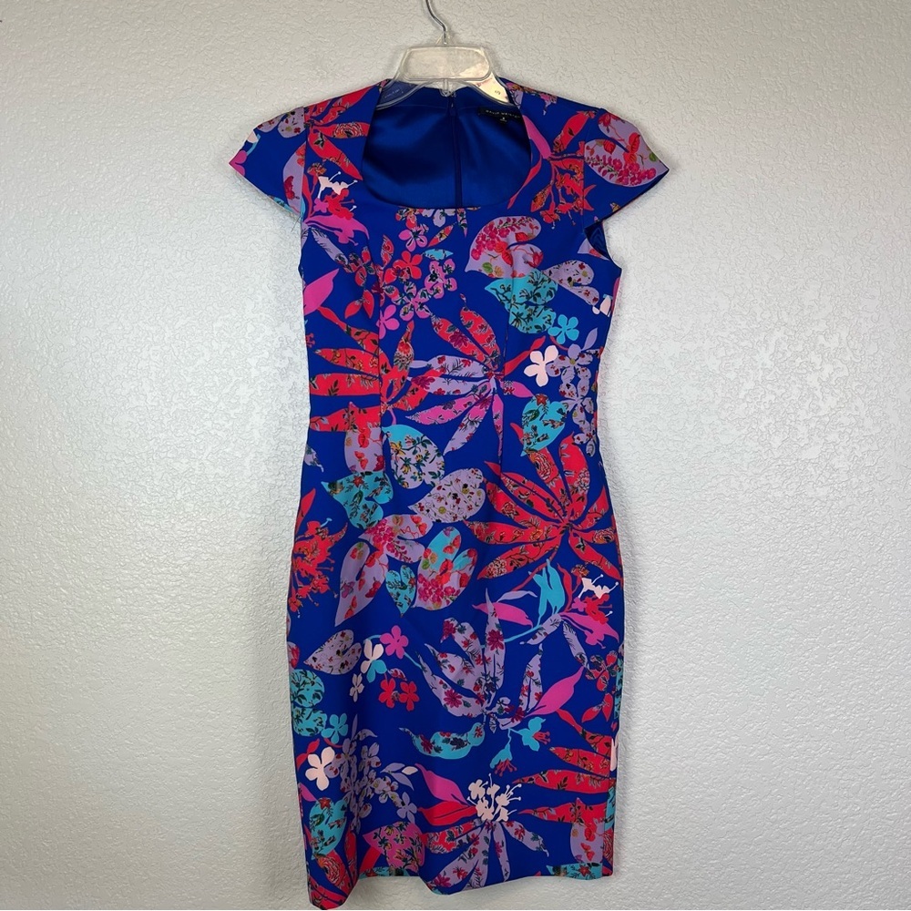 David Meister Blue Multicolor Floral Cap Sleeve Sheath Midi Dress size 6